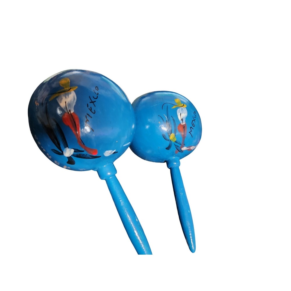 Vintage Hand Painted Blue Wooden Maracas Set Mexico Folk Art Percussion Shakers